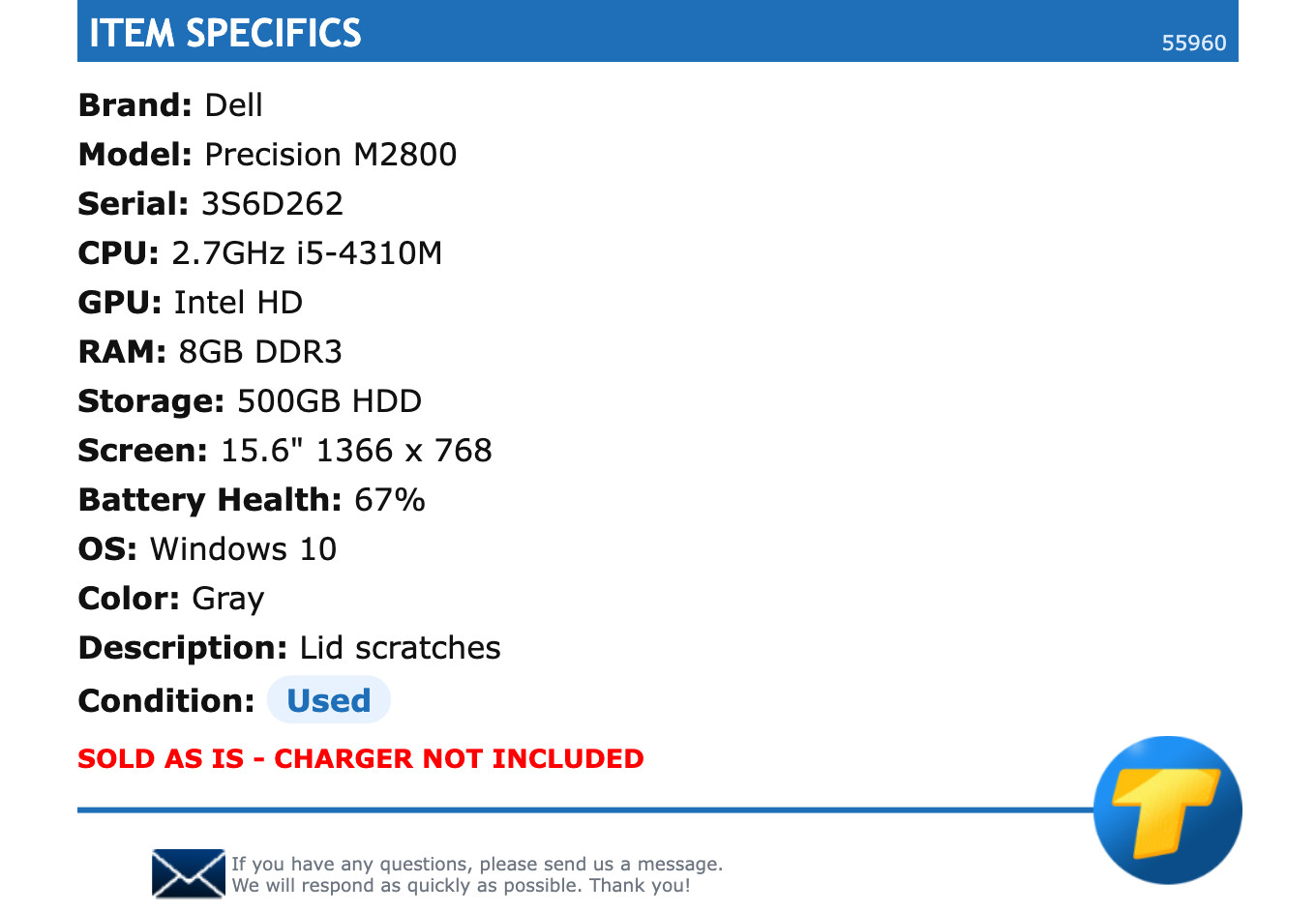 Dell Precision M2800 – 15.6″ HD, 2.7GHz i5, 8GB RAM, 500GB HDD, Windows 10
