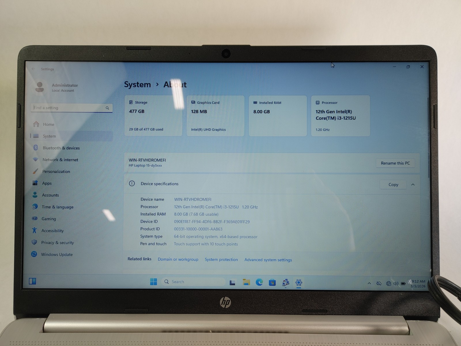 HP 15-DY5033DX Core i3-1215U 1.20 GHz 8 GB DDR4 512 GB NVMe Windows 11 Pro