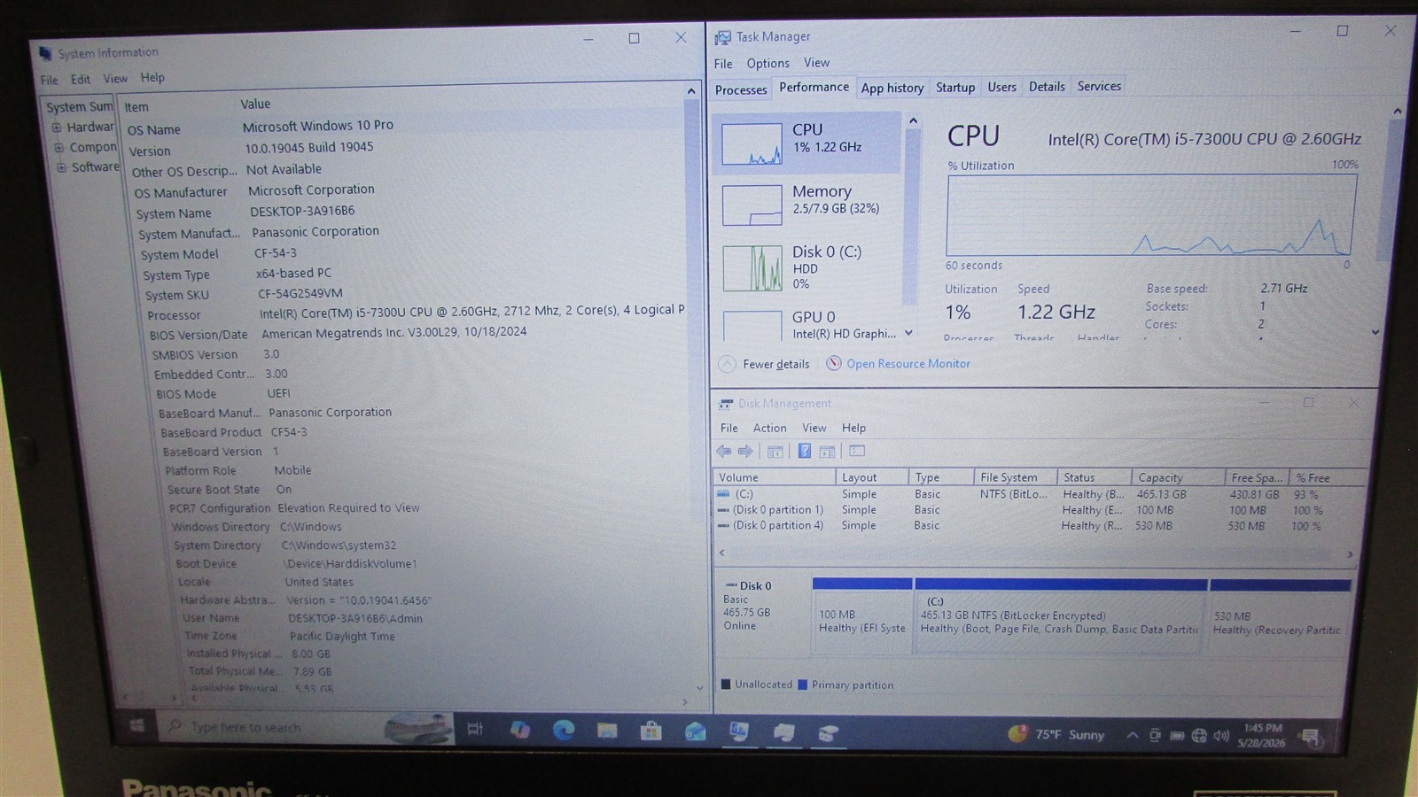 Panasonic Toughbook CF-54 MK3 i5-7300U 2.6GHz 8GB 500GB HDD 14″ W10P BIOS LOCK
