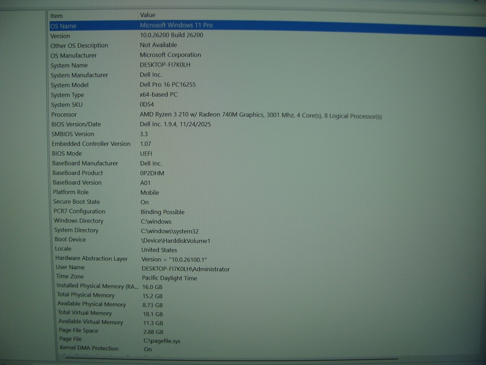Dell Pro 16 PC16255 16″FHD+ AMD RYZEN 3 310 3GHz 16GB 256GB 740M Win11Pro