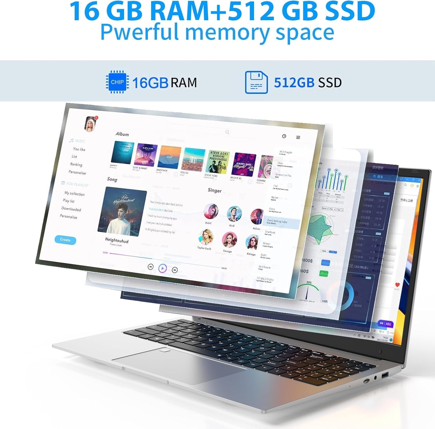 17.3 In Touch Display Laptop RAM 16GB SSD512GB DDR5 Intel N5095 Computers Sliver