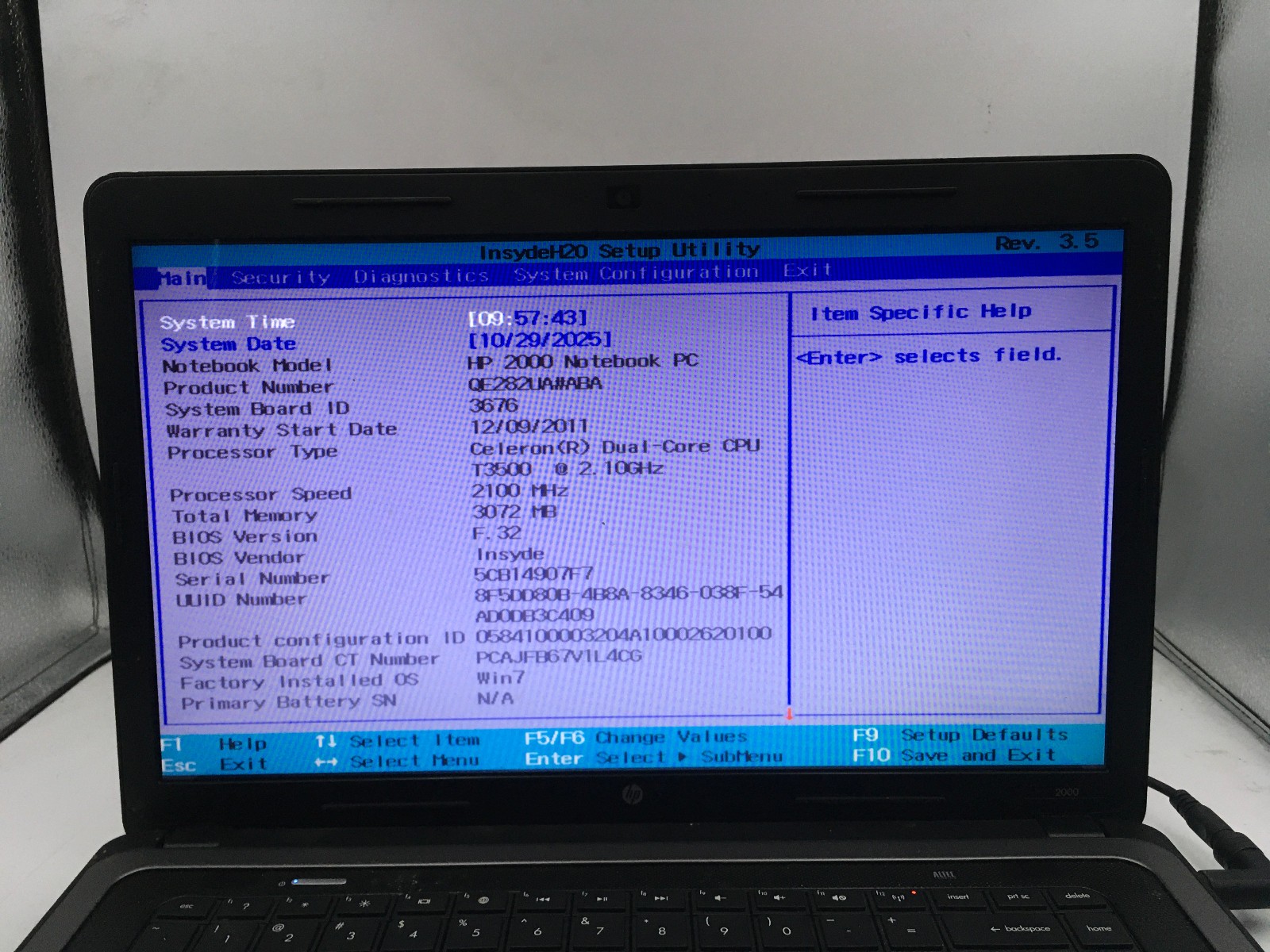 HP 2000 299WM – BOOTS TO BIOS – INTEL CELERON T3500 – 3GB RAM – 15″ – READ – BB!