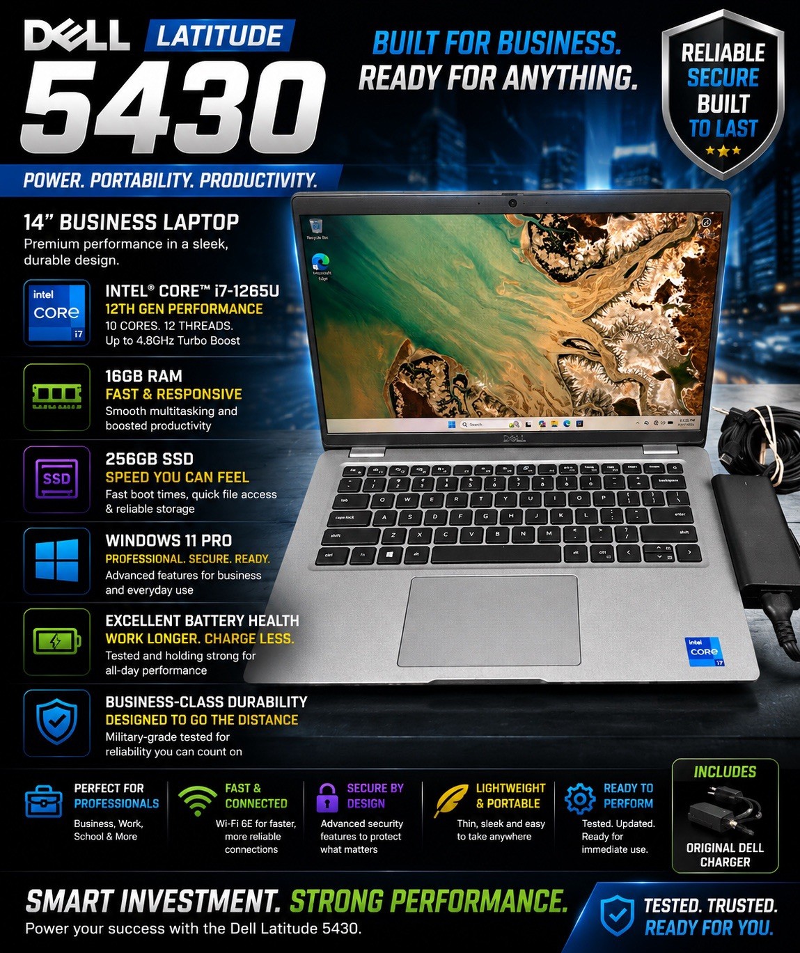 Dell Latitude 5430 14″ Laptop i7-1265U@1.8ghz 16GB RAM 256GB SSD Win11Pro