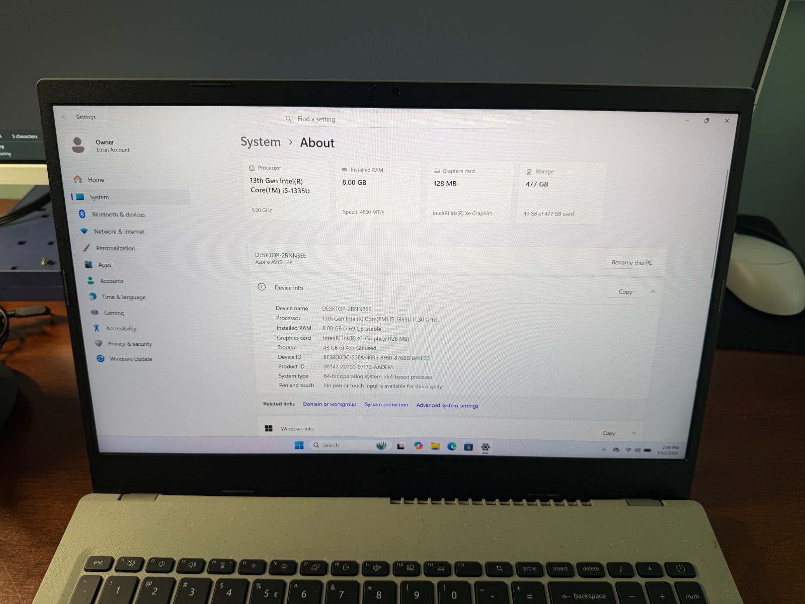 Acer Aspire Vero AV15-53P 15.6″ FHD Intel Core i5-1335U 1.3GHz 8GB RAM 512GB SSD