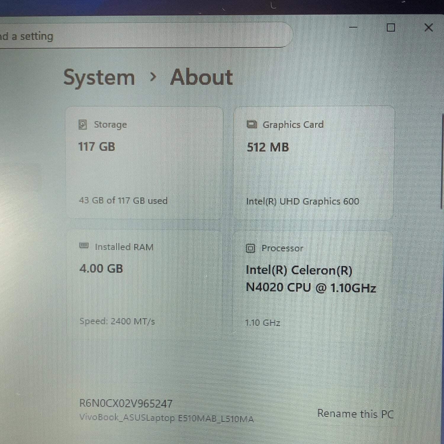 Asus Notebook L510M 15.6″ Celeron N4020 1.1GHz 4GB RAM 128GB SSD WIN 11
