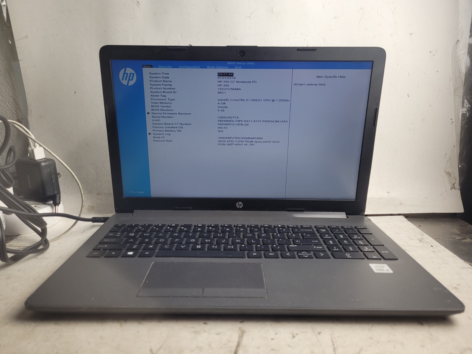 HP 250 G7 Notebook w/i3-1005G1@1.20Ghz, 4GB RAM, 15.6″ Laptop for Parts #1958