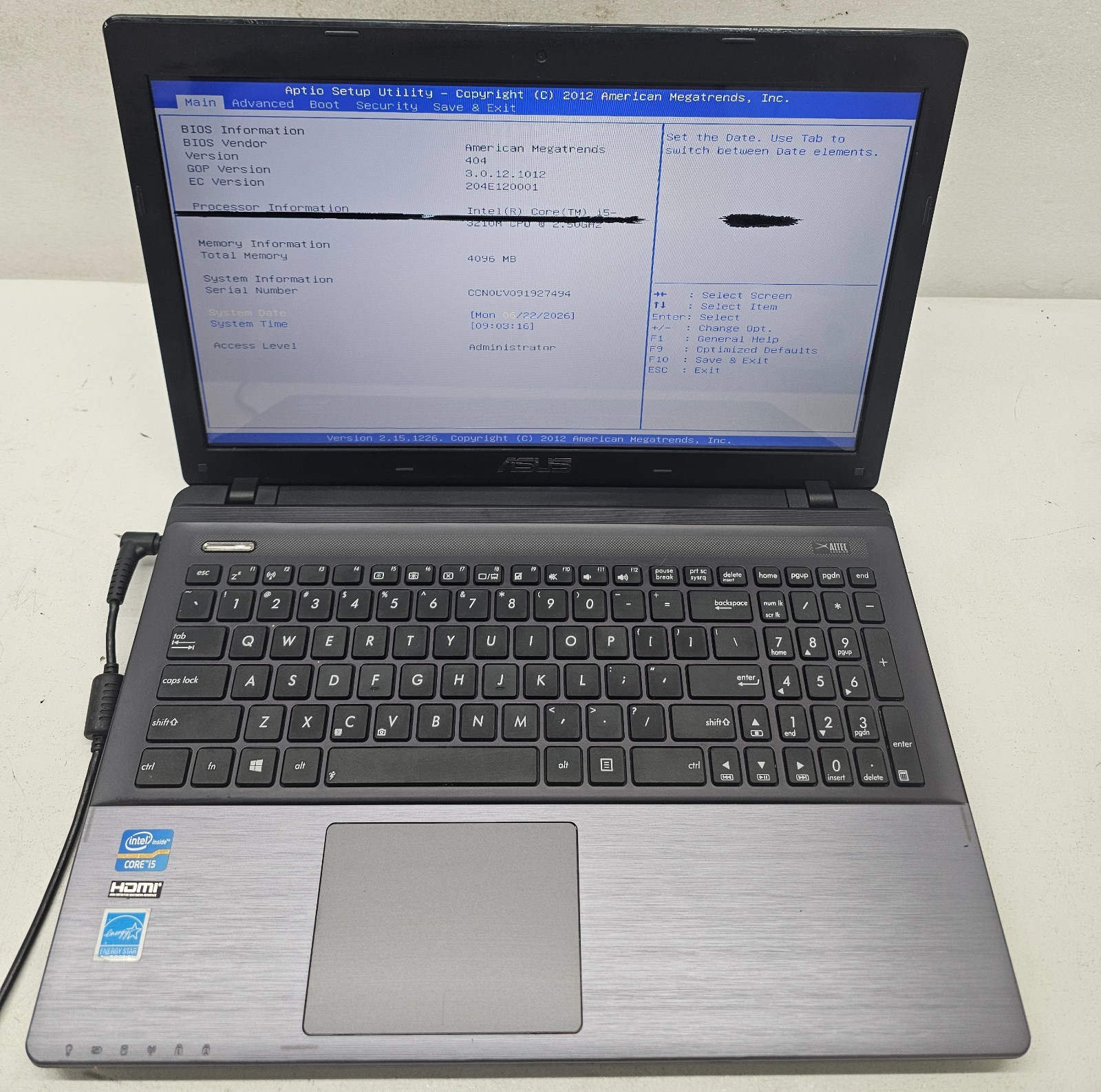ASUS K55A-HI5014L Laptop Intel Core i5-3210M 4GB Ram NO HD/OS (FL)