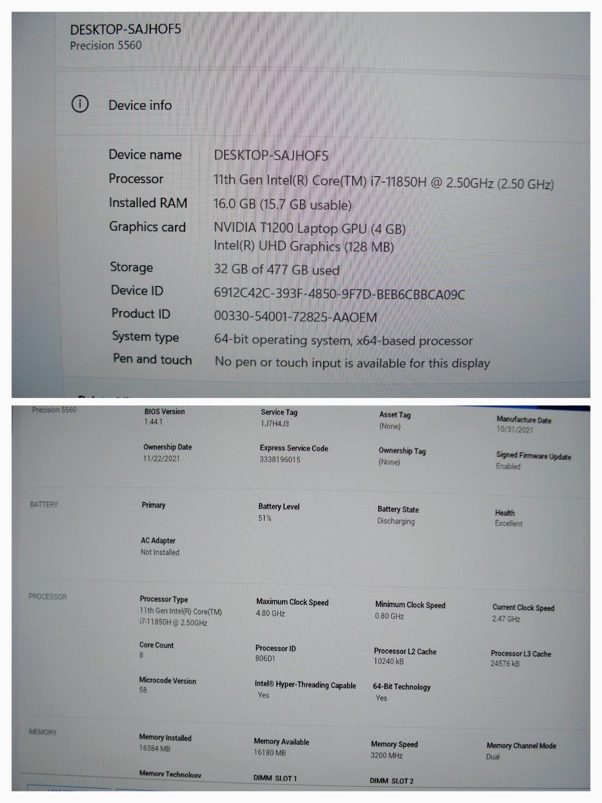 Dell Precision 5560 15.6″FHD+ i7-11850H 2.3Gh 16Gb 512GB NVIDIA T1200 4GB +PA