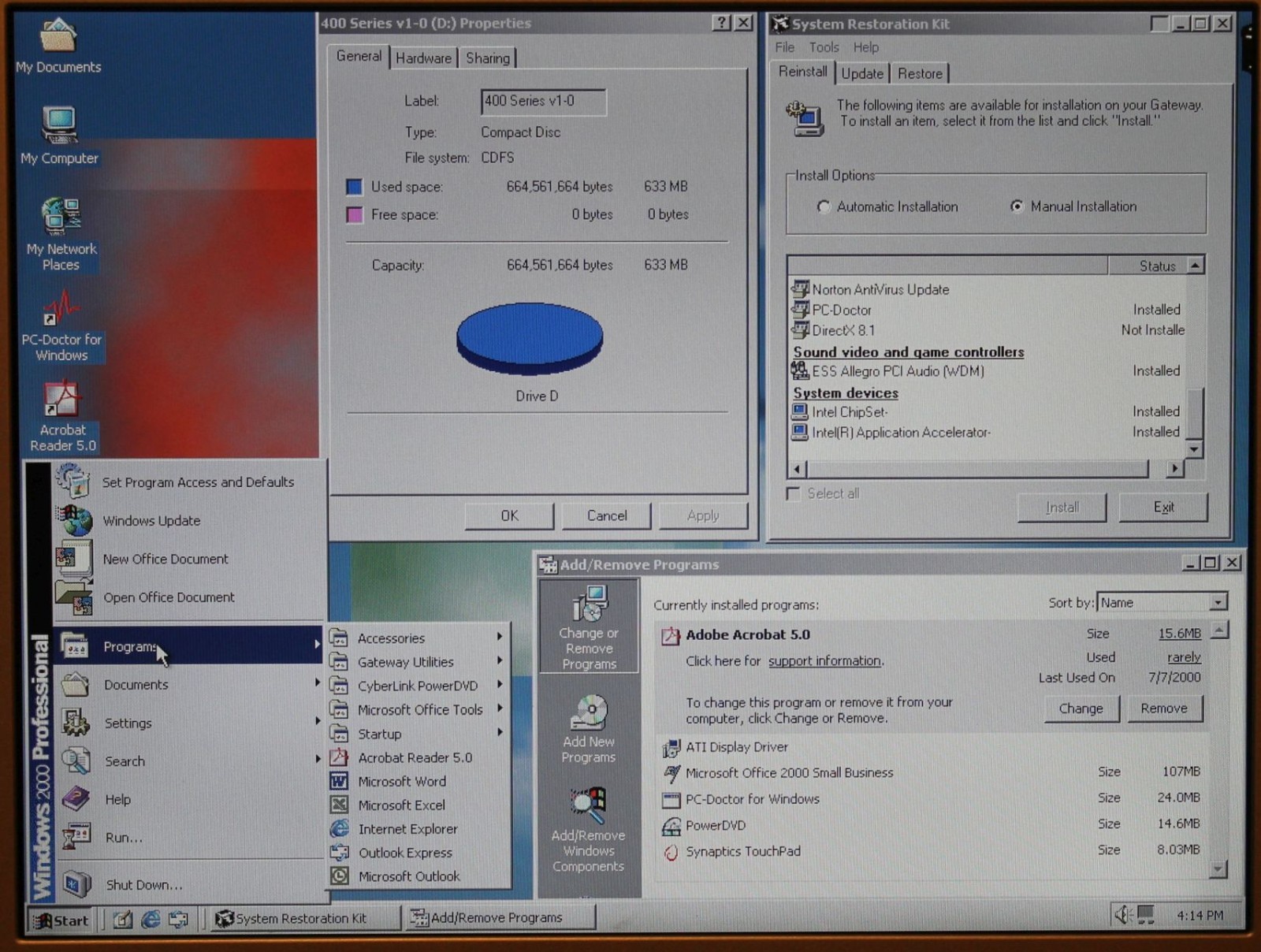 Gateway Windows 2000 Laptop,40GB HD, 512MB RAM,CDRW/DVD,Charge,Restore CDs,Book