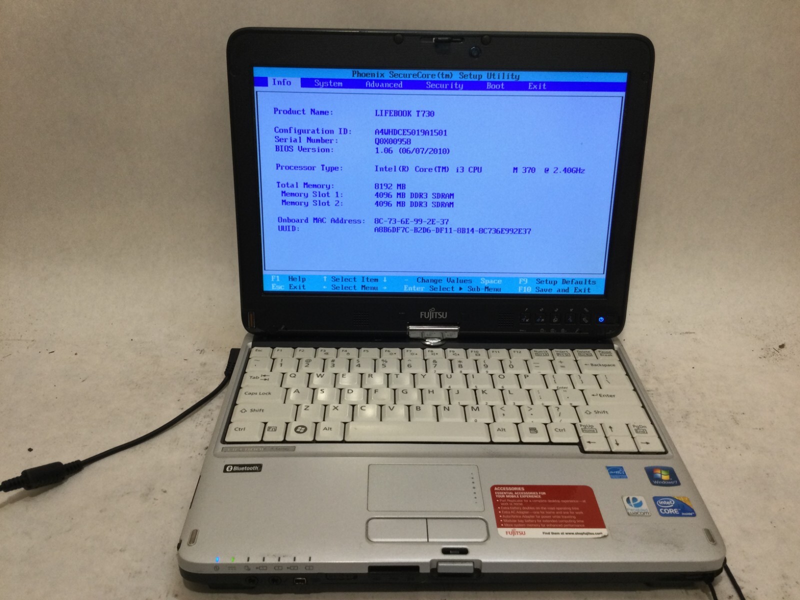 Fujitsu Lifebook T730 12.1” / Intel Core i3 M370 @ 2.40GHz / (MISSING PARTS!) MR