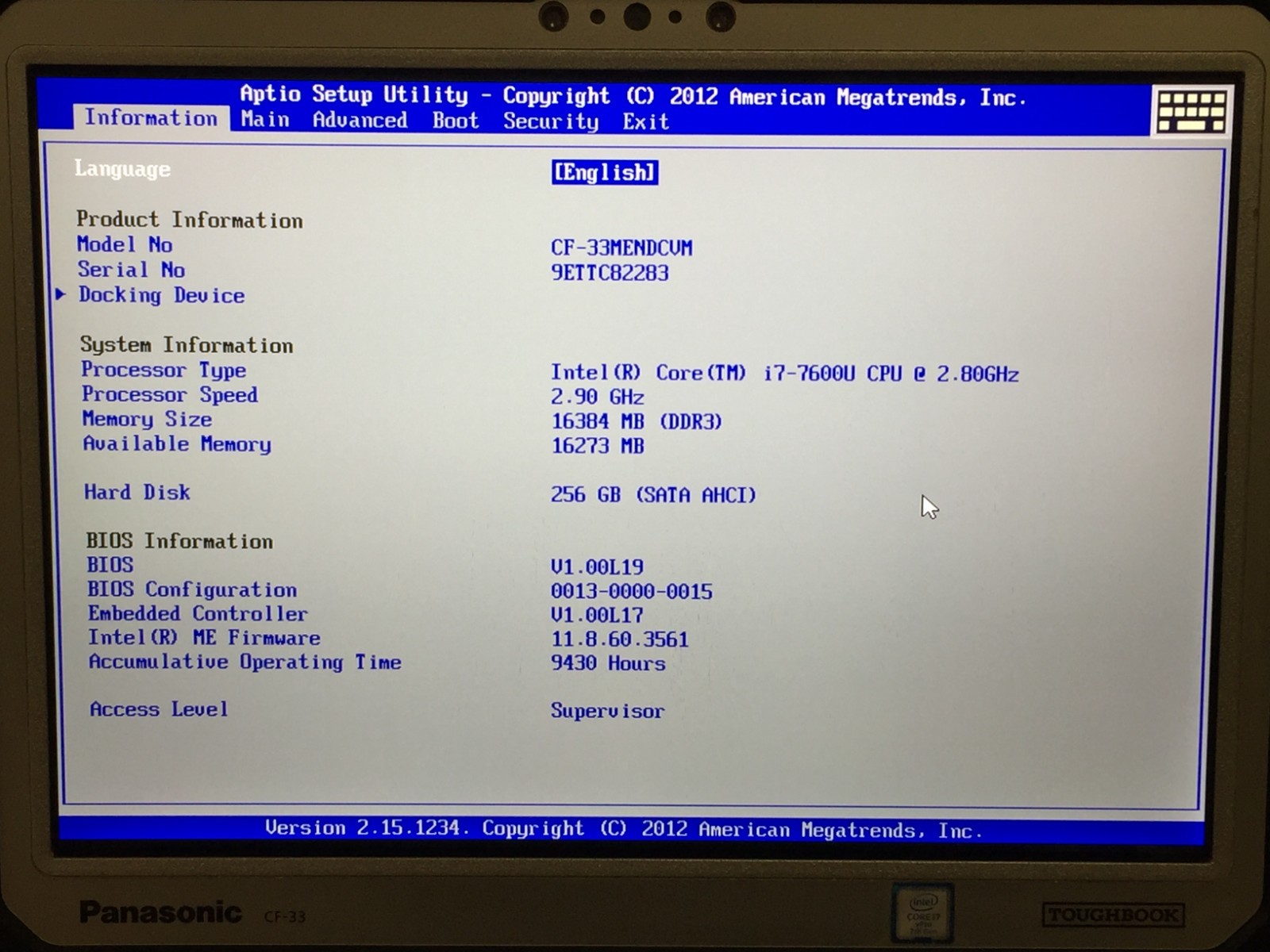 Panasonic Toughbook CF-33 Touch 2.9GHz i7-7600U 16GB 256GB SSD 4G LTE KB. w/AC