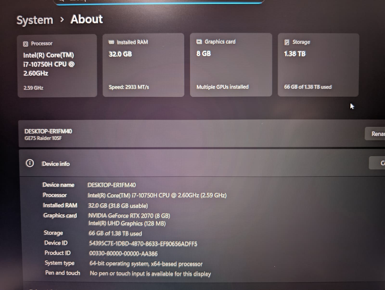MSI GE75 Raider | i7 10th 32GB RAM 512GB SSD 1TB HD | FHD@144Hz NVIDIA RTX 2070