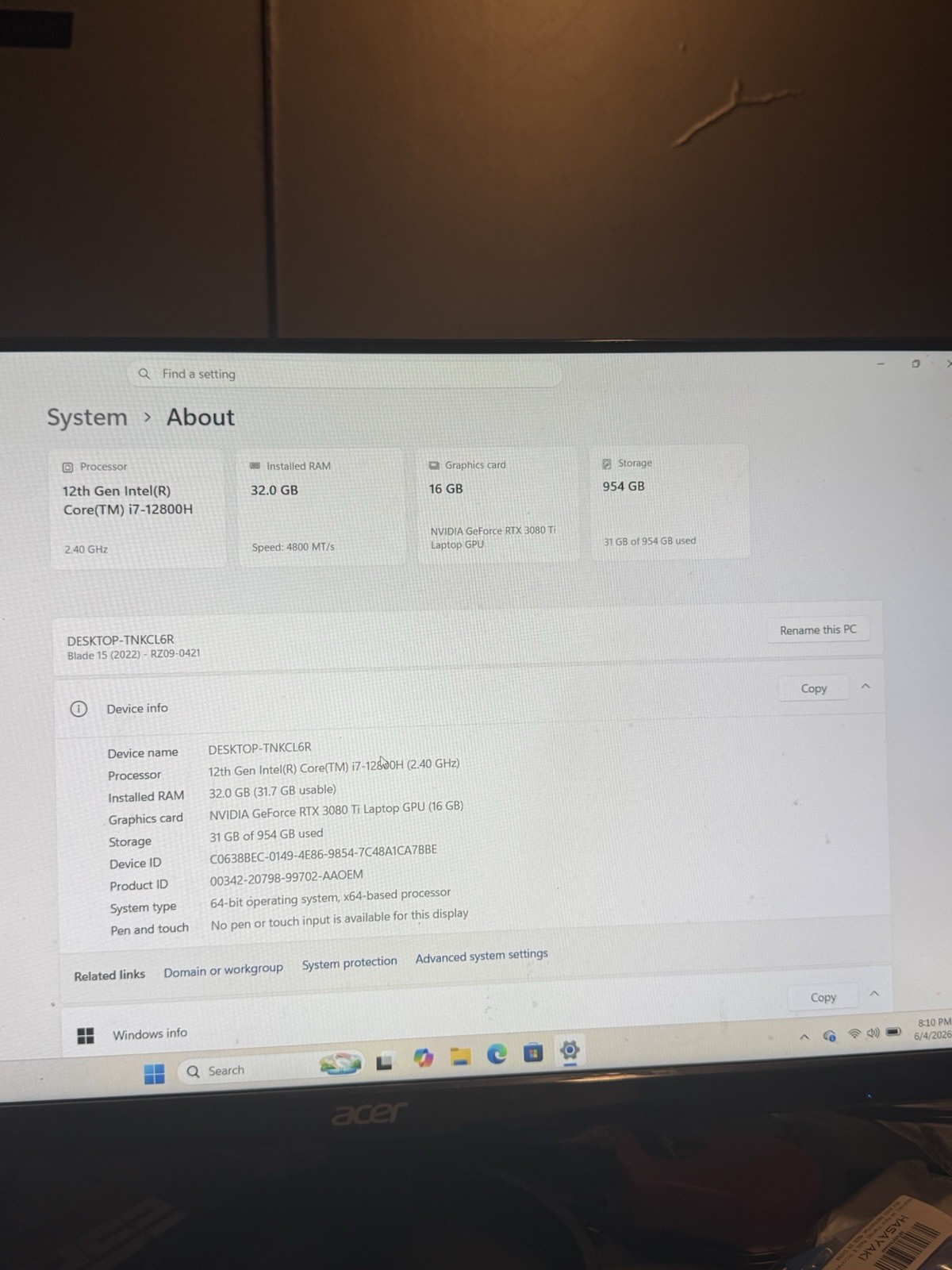 Razer Blade 15 Advanced 2022 I7-12800H 3080Ti GPU, 32GB RAM, 1TB SSD (READ DESC)