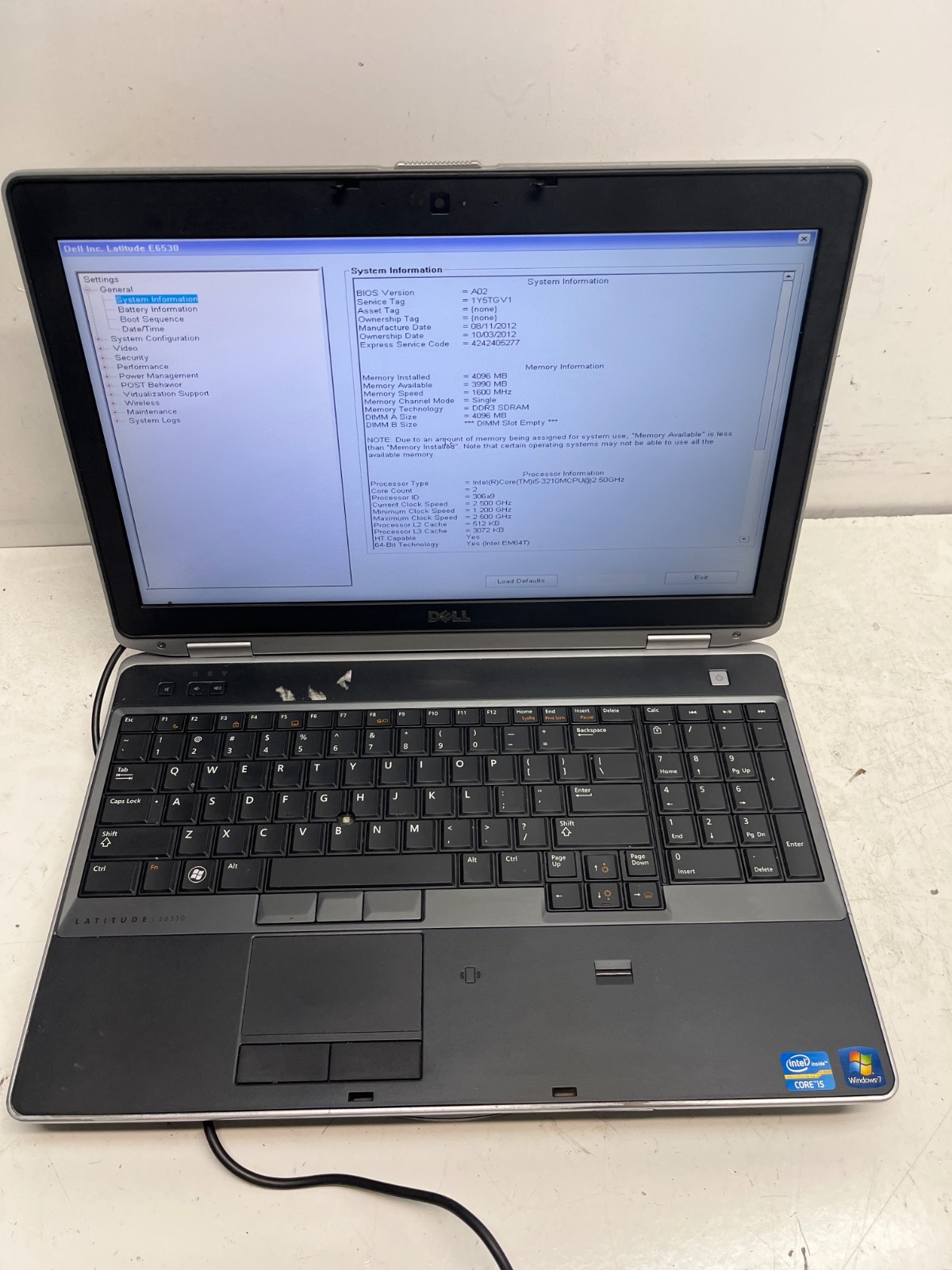 Dell Latitude E6530 Intel Core i5-3210M 2.50Ghz 4GB NO HDD