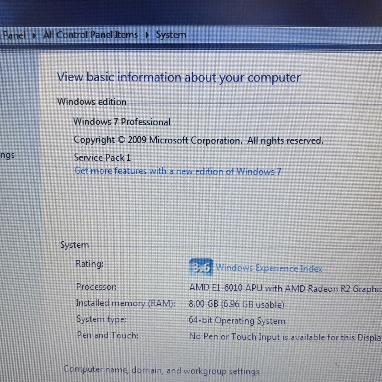 Lenovo B50-45 Laptop AMD E1 8GB RAM 300GB HDD Win 7 Pro