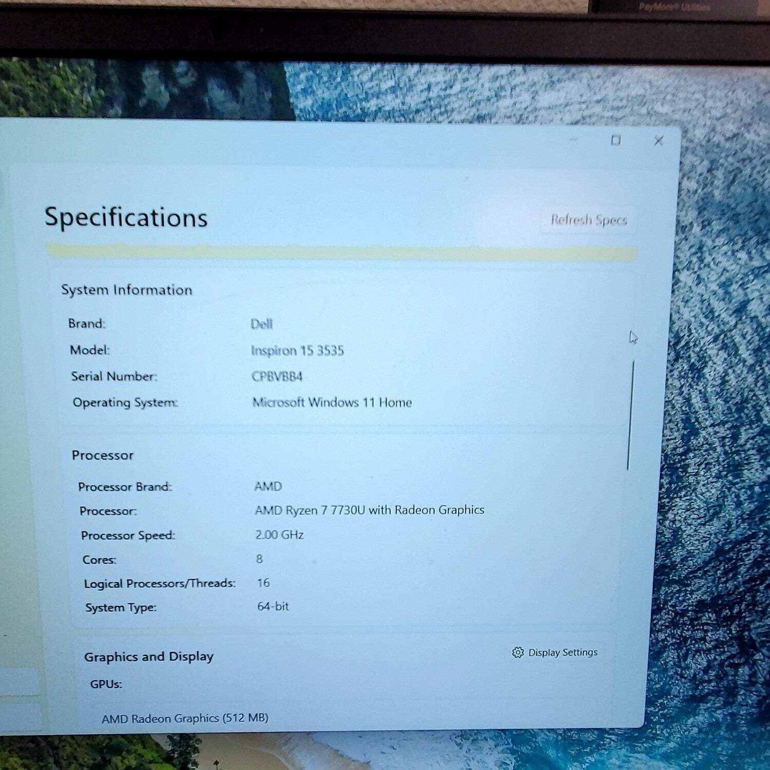 Dell Inspiron 3535 15.6″ Ryzen 7 7730U 2.0GHz 16GB RAM 1TB SSD READ