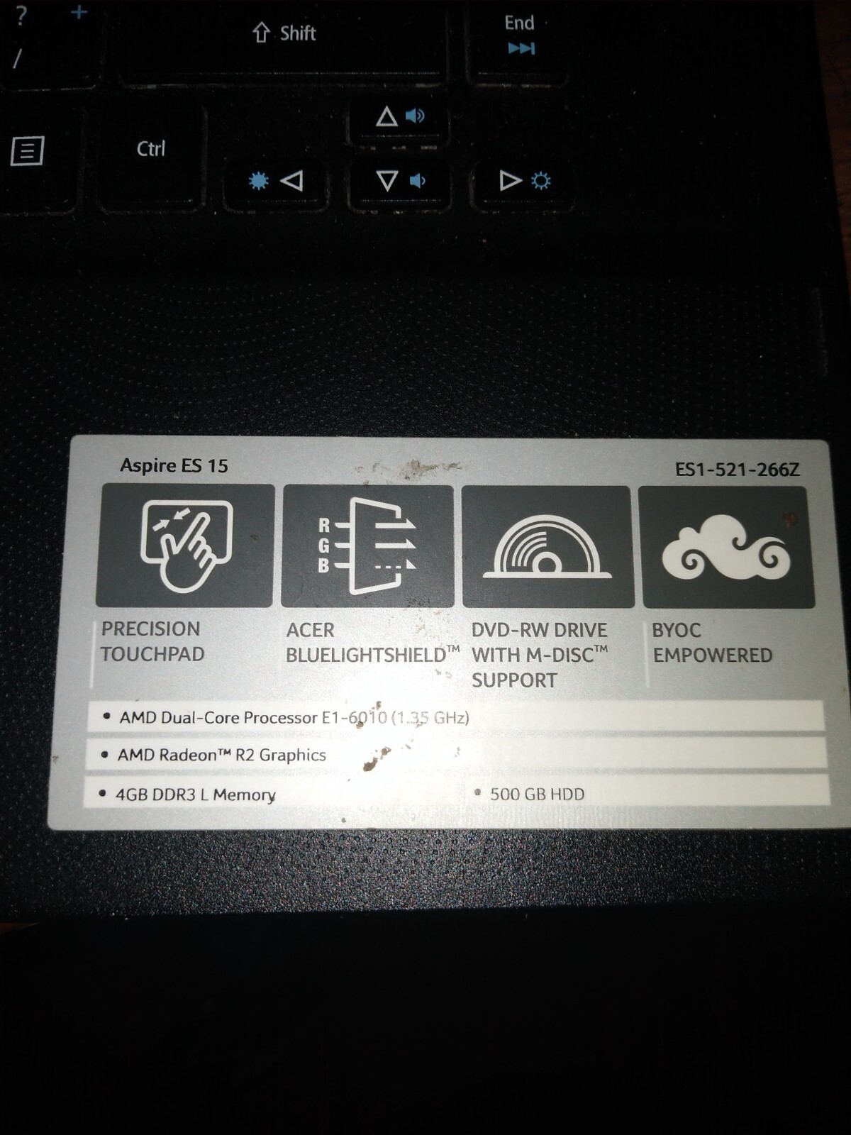 acer aspire es 15 black, including charging cable. For parts.