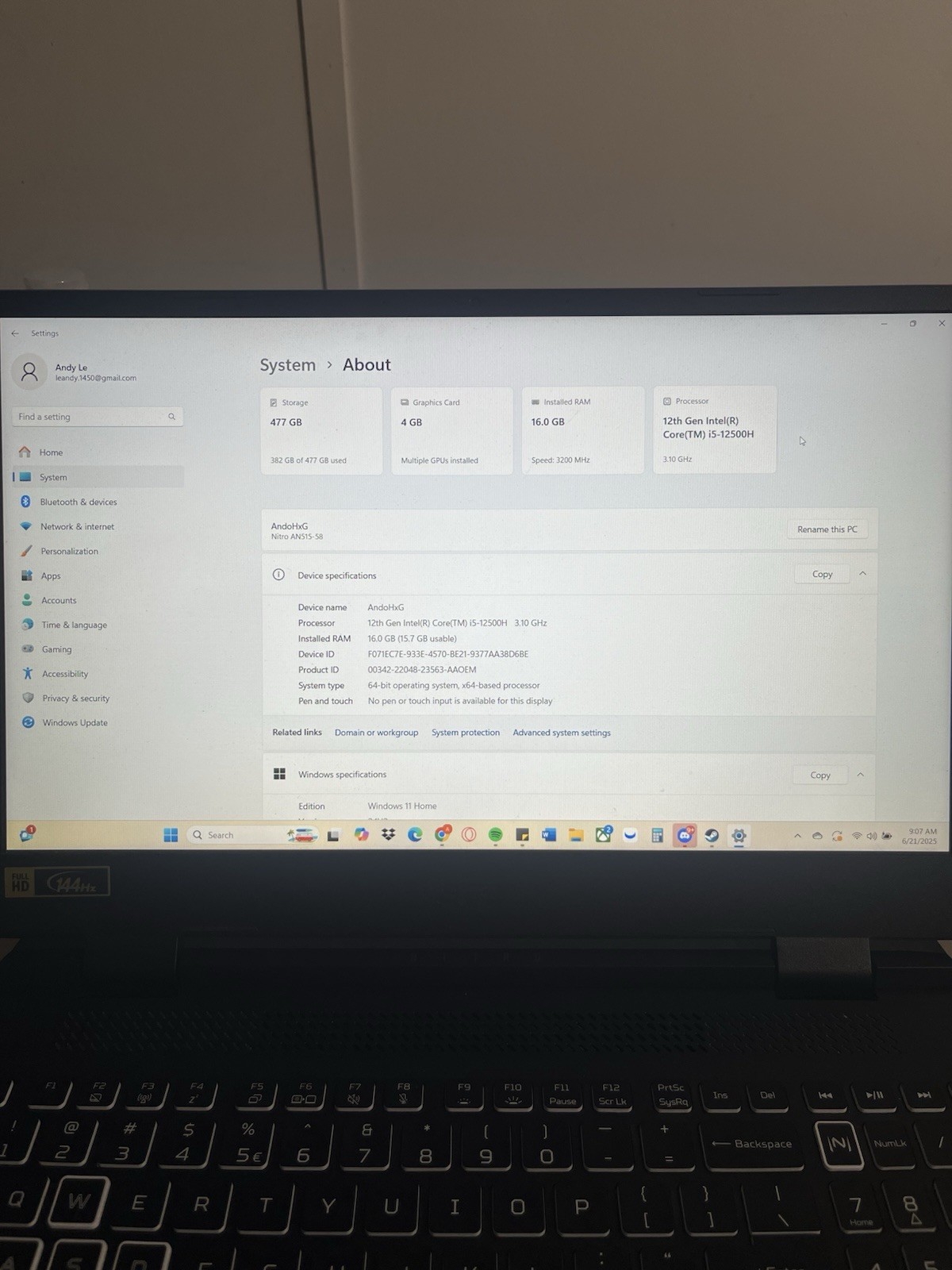 Acer Nitro 5 AN515-58 Core i5-12500H (12th Gen) 16GB Ram 3.10GHz Gaming Laptop