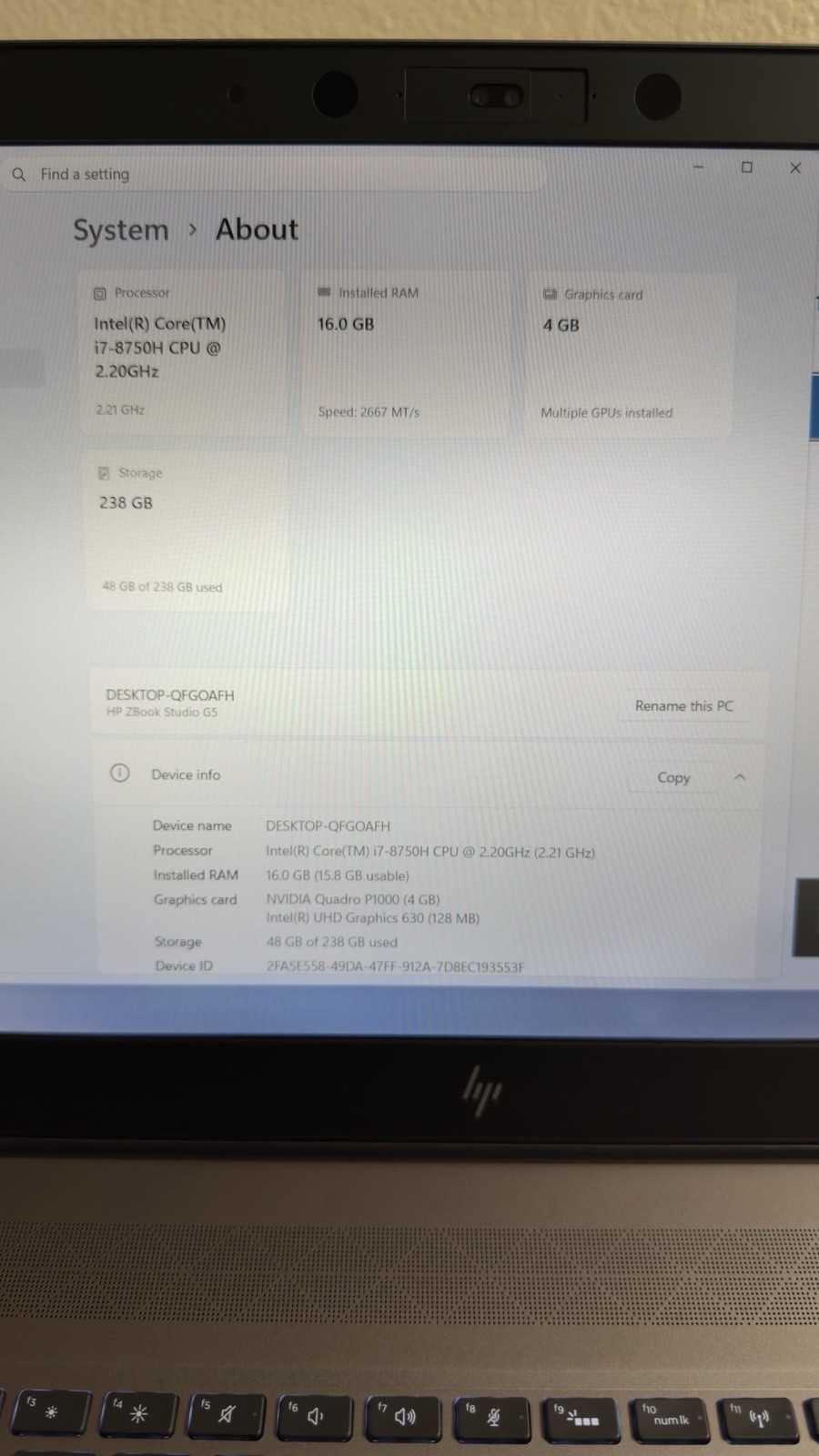HP ZBook Studio G5 Intel i7-8750H 16GB RAM|256GB SSD| Quadro P1000 (Prototype)