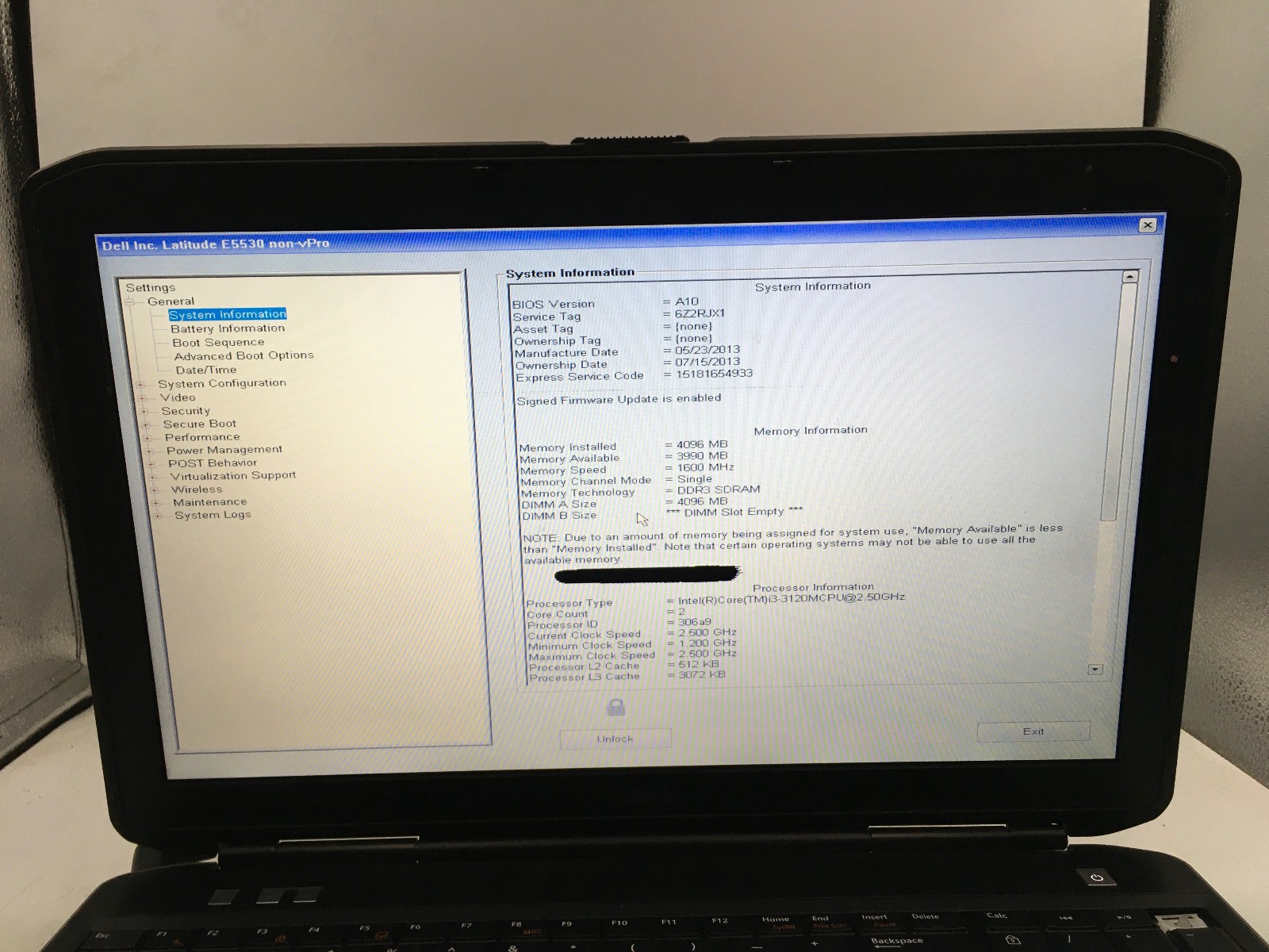 DELL LATITUDE E5530 – BOOTS TO BIOS/LOCKED – INTEL I3 3120M – 4GB RAM – READ -BB