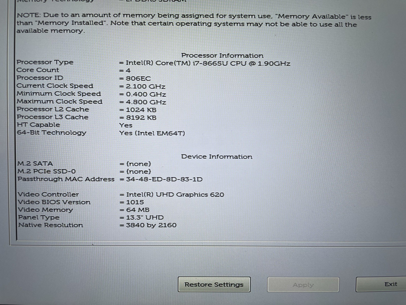 Dell XPS 13 9380, Intel Core i7-8665U @ 1.90GHz, 16GB RAM, NO SSD, No OS,