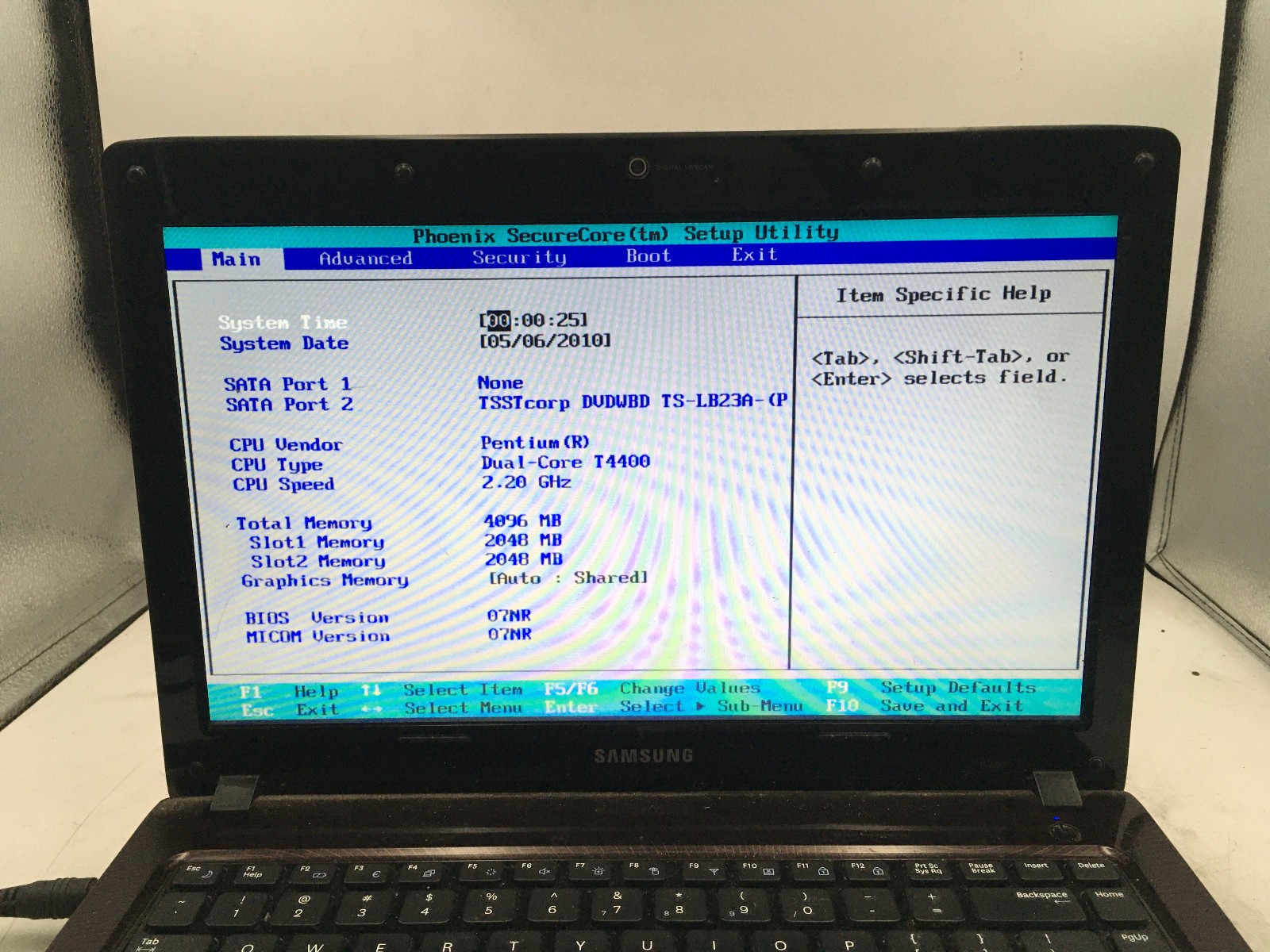 SAMSUNG R480 NP-R480L – BOOTS TO BIOS – INTEL PENTIUM T4400 – 4GB RAM – READ -BB