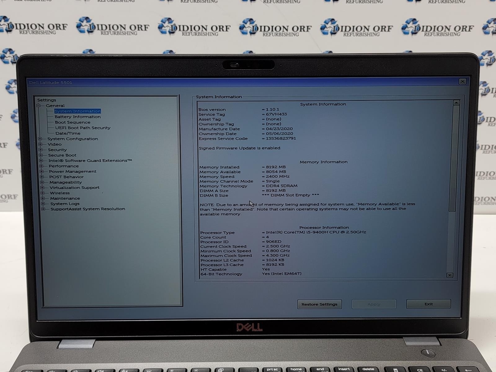 DELL LATITUDE 5501 i5 9400H 2.50 GHz 8 GB RAM NO HDD/SSD NO OS SKU 24718
