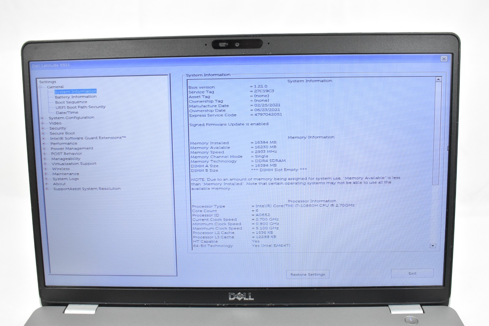 Dell Latitude 5511 i7-10850U 2.7GHz 16GB No HD No OS For Parts or Repair Only