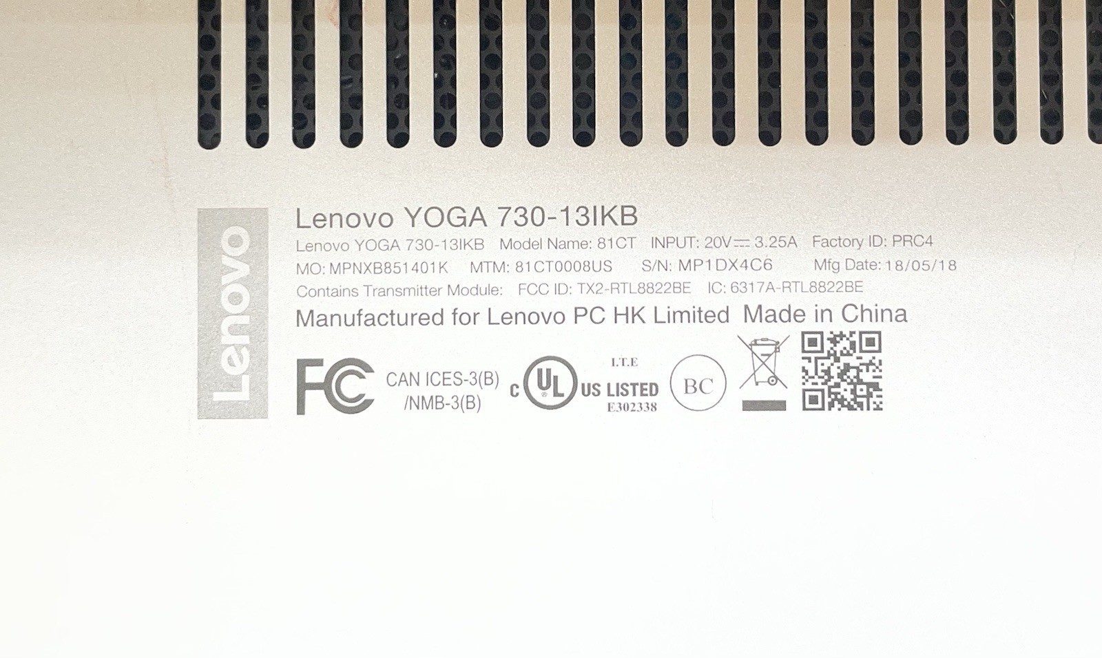 Lenovo YOGA 730-13IKB Laptop Intel i5-8250U 8GB DDR4 RAM NO SSD/HDD/OS **PARTS**