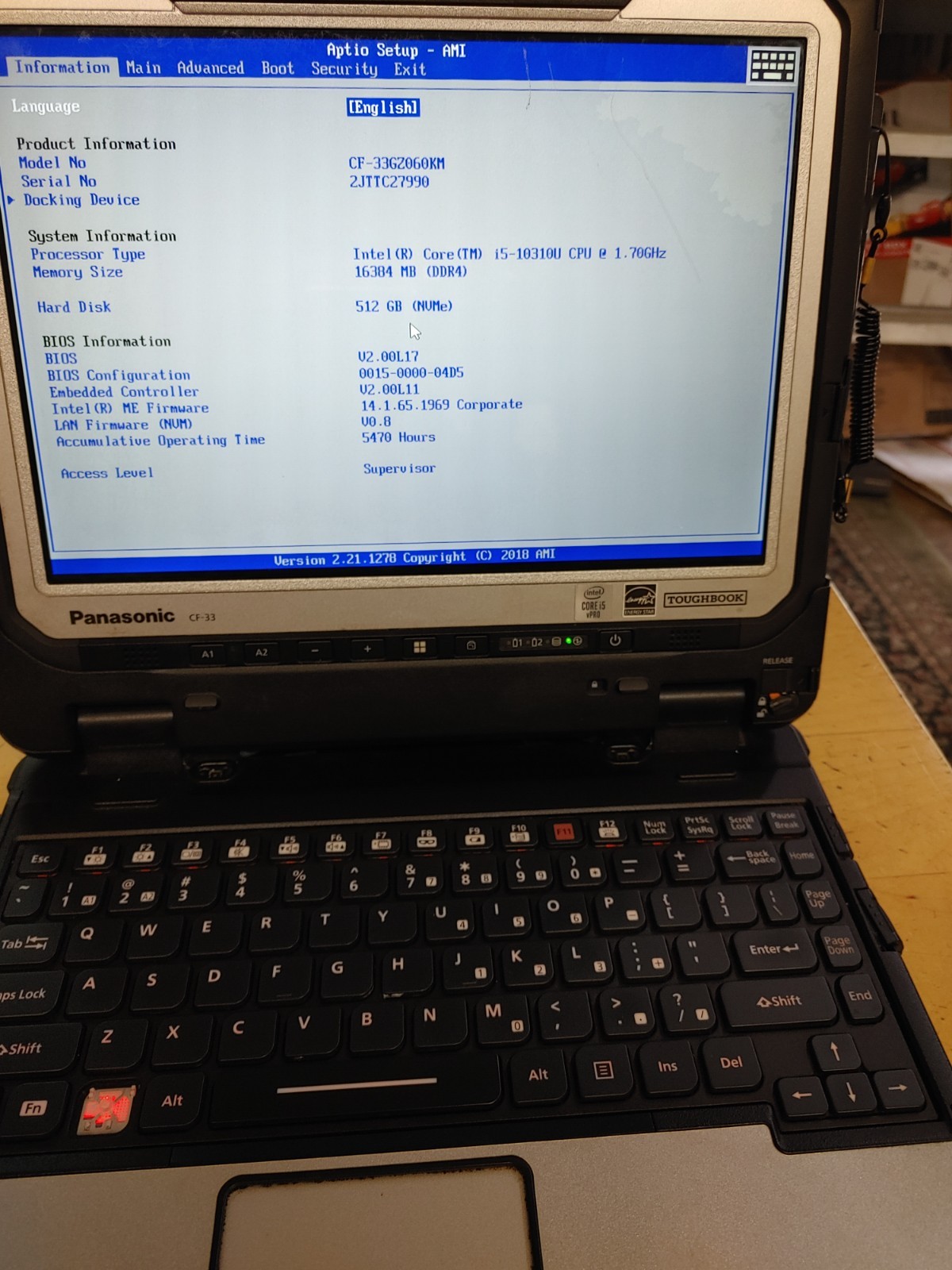 Panasonic Toughbook CF-33 Core i5-10310U@1.70GHz, 16GB RAM , 512GB SSD , NO OS