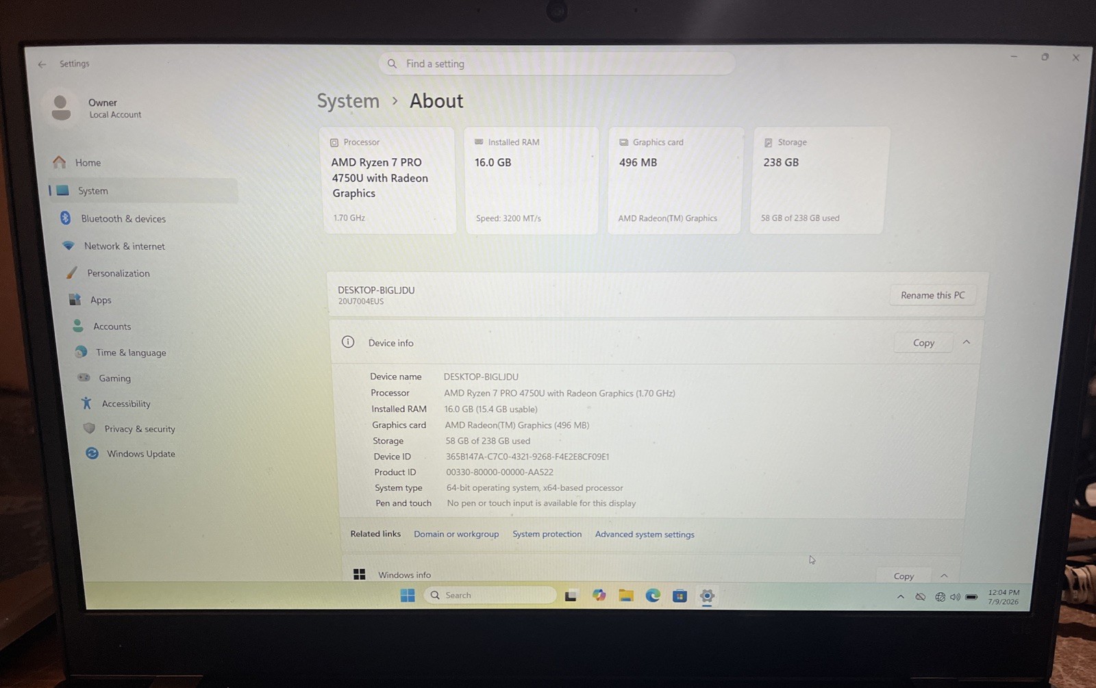 Lenovo ThinkPad L15 AMD Ryzen 7 Pro 4750U@1.7GHz, 16GB RAM, 256 GB M2 *READ*