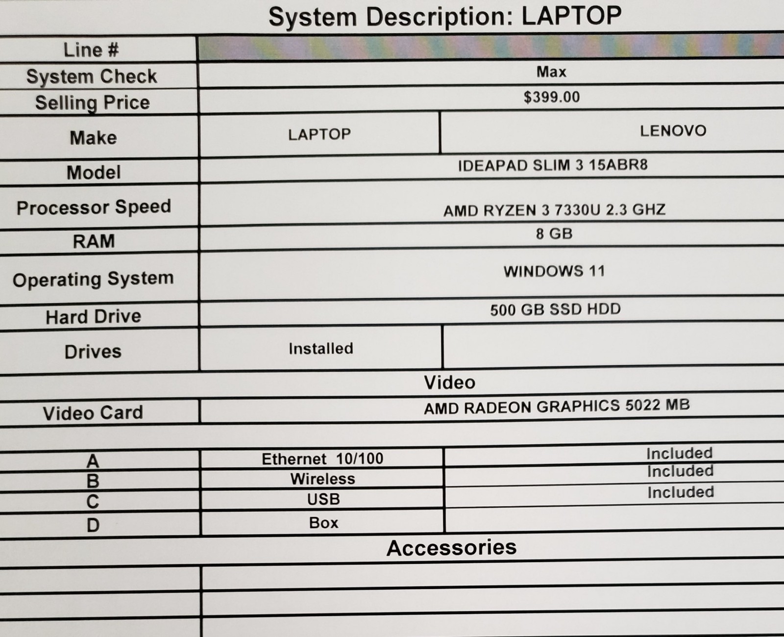 (89928-1) Lenovo IdeaPad Slim 3 15ABR8 Laptop