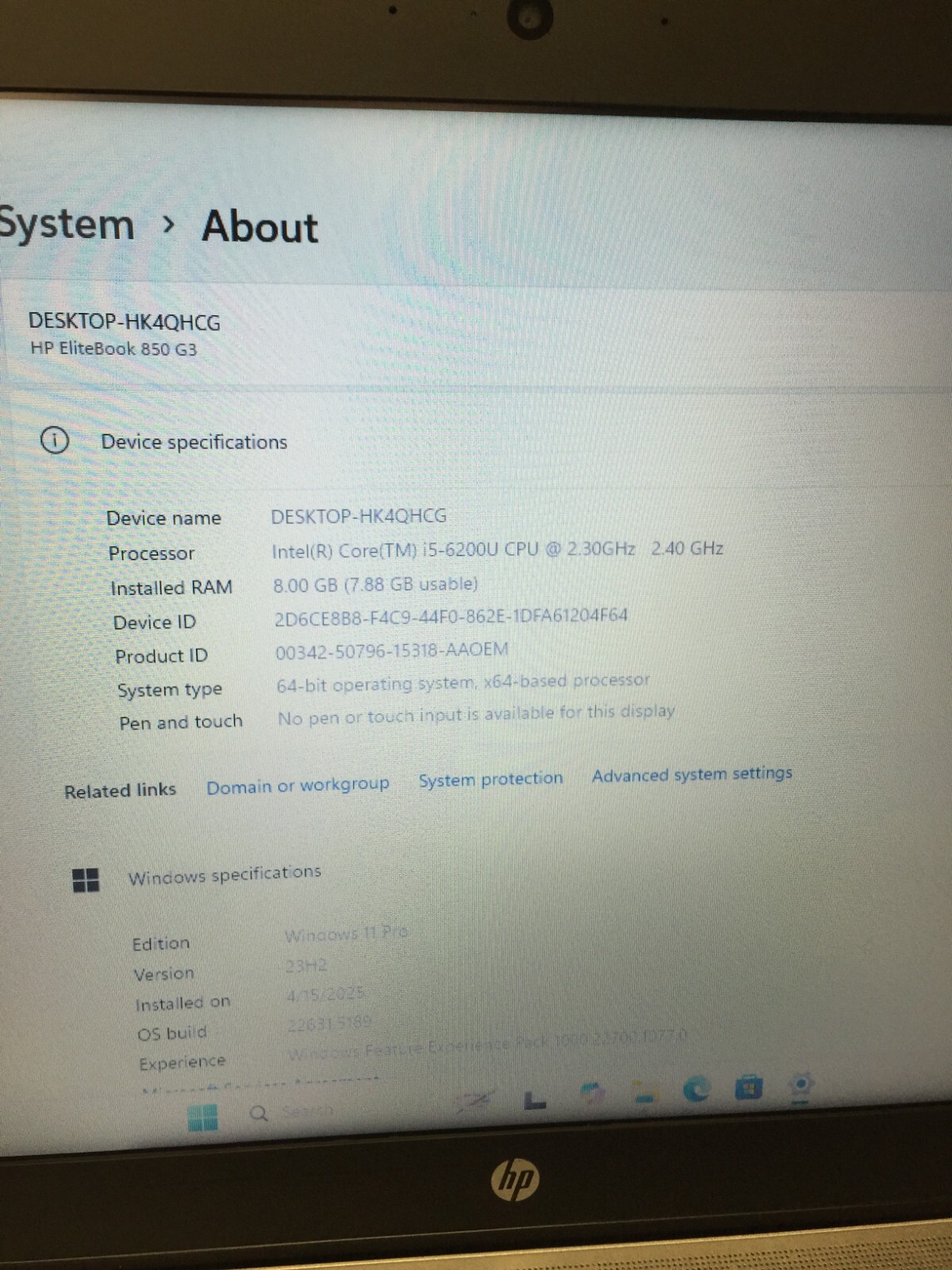 HP EliteBook 850 G3 15.6″ (256GB Core i5 6th gen 2.30GHz 8GB RAM WIN 11 PRO