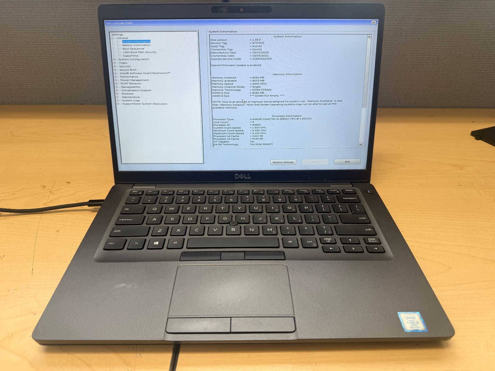 Dell Latitude 5400 Intel i5-8365U 8GB RAM- No Battery/SSD/OS/AC