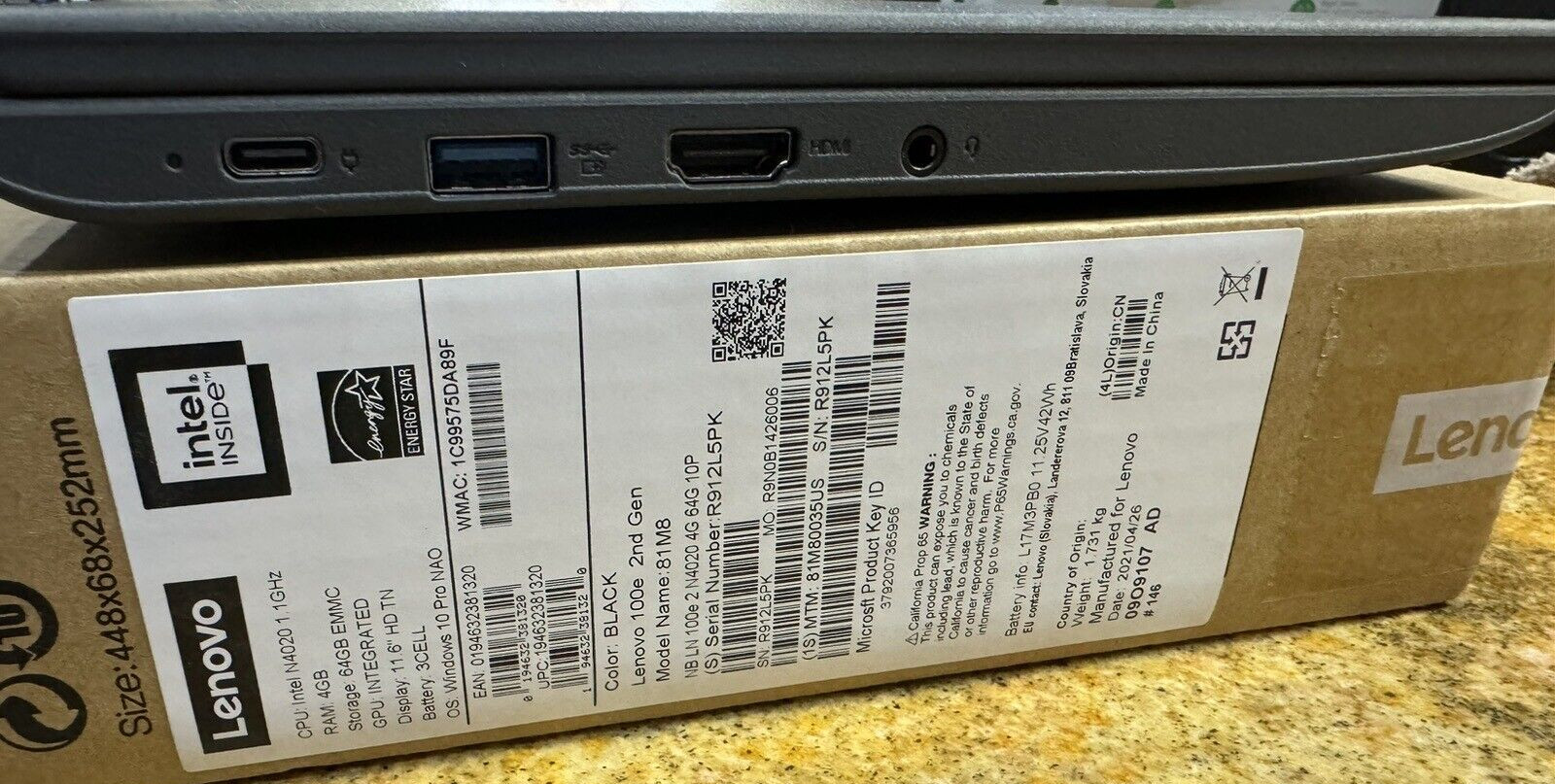 NEW Lenovo 100e 2nd Gen. 81MB 11.5″ Intel Celeron 4020 4GB RAM64GB SSD Win 10Pro