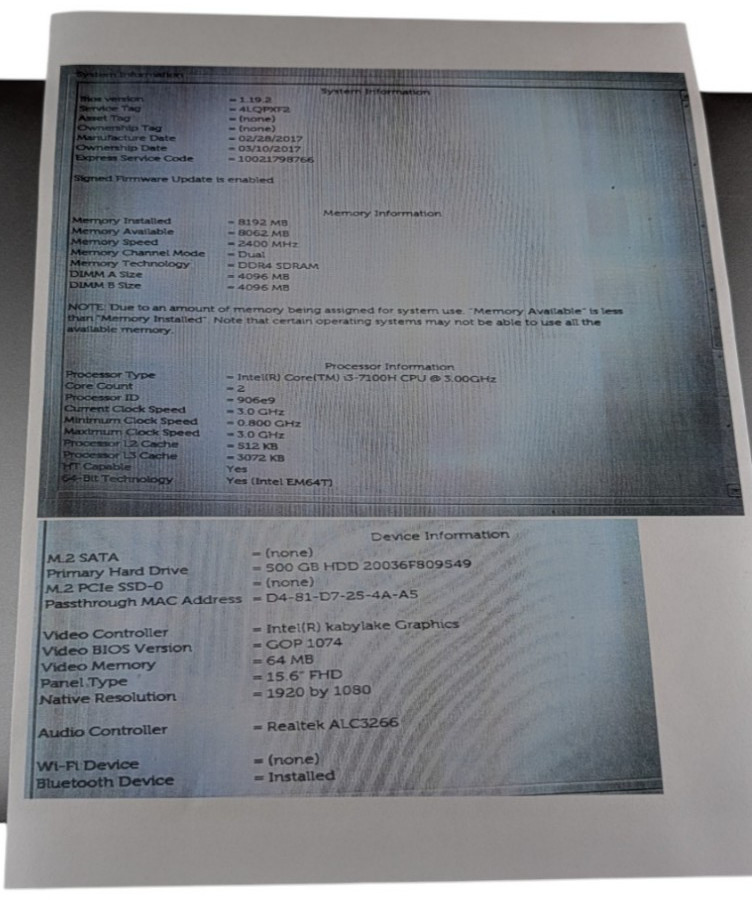 Dell XPS 15 9560 (15.6 FHD i3 7100H Intel HD 630 8GB 500GB HDD Windows Pro)