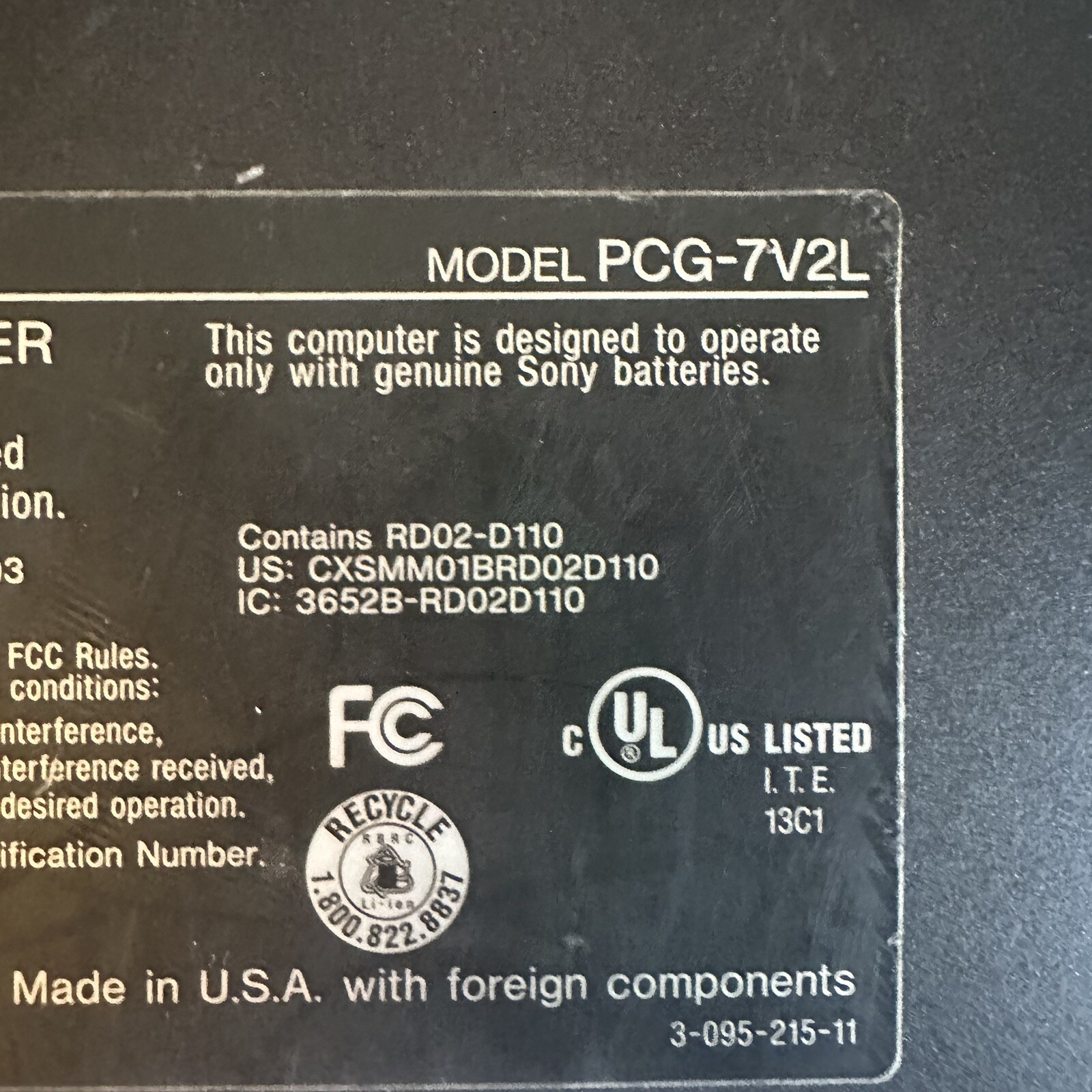 15.4” Sony PCG-7V2L Intel Centrino Duo 1GB RAM No HDD Scraps/Salvage