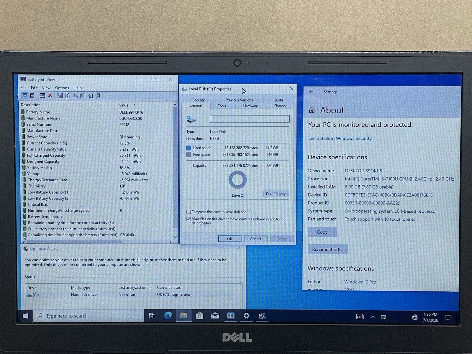 Dell Inspiron 15 3567 15.6″ i3-7100U@2.40GHz 8GB RAM 1TB HDD Win10 Pro