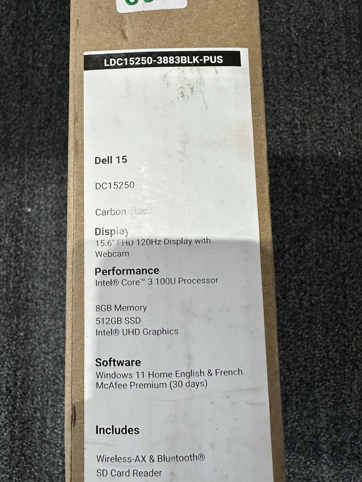 Dell 15 DC15250, FHD Touch, Intel 3 , 8GB RAM, 512TB SSD, Win 11 Home Carbon BLK