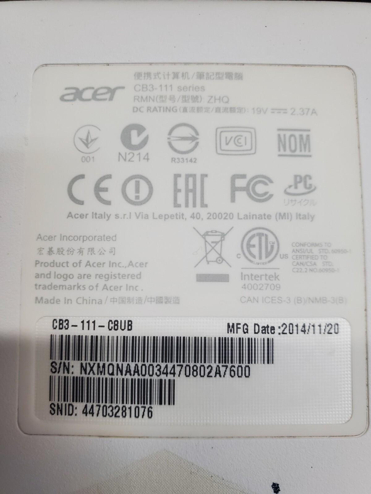 Acer Chromebook CB3-111-C6EQ Series Intel Chrome OS 4GB RAM 16GB SSD