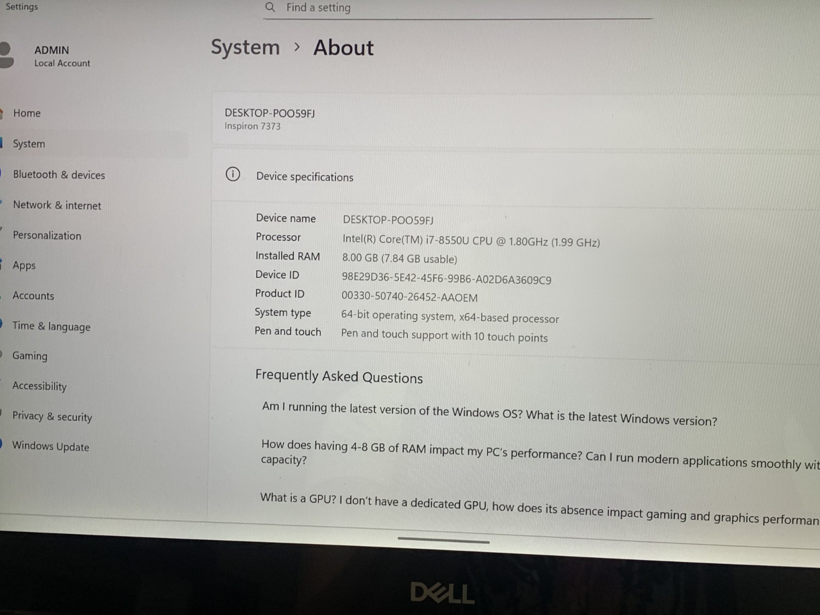 DELL INPIRON 7373 I7- 8550U@ 1.8GHz 8GB RAM 512GB NVMe W11P TOUCH WAC READ *QTY