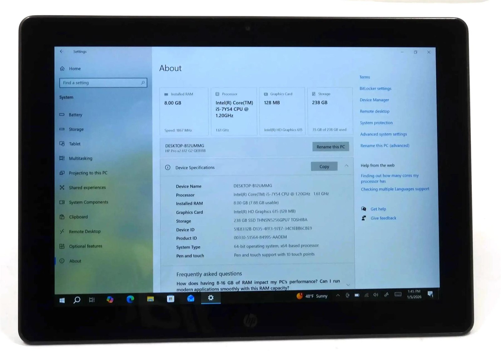 HP Pro X2 612 G2 Tablet Core i5-7Y54 1.20GHz 8GB 256GB SSD