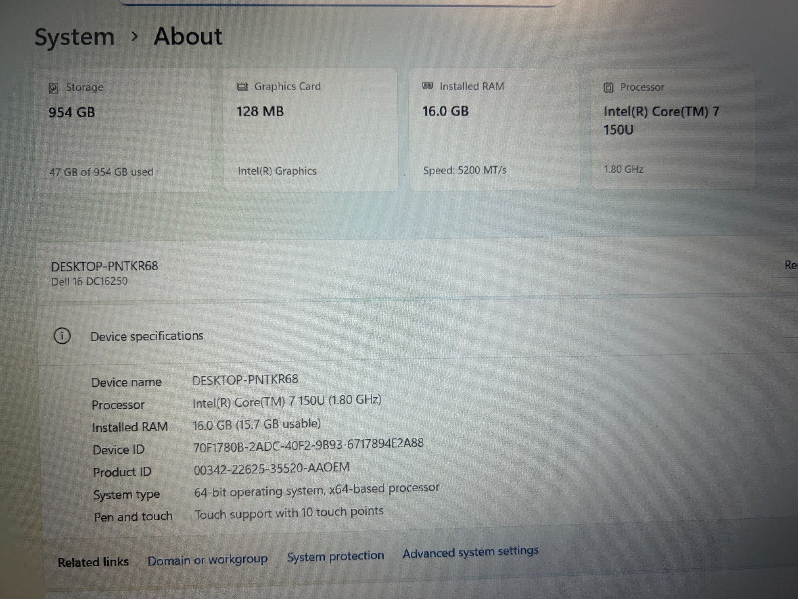 DELL 16 DC16250 MRYT3 Intel Core 7-150U, 1.80 GHz, 16 GB RAM, 1 TB NVMe SSD