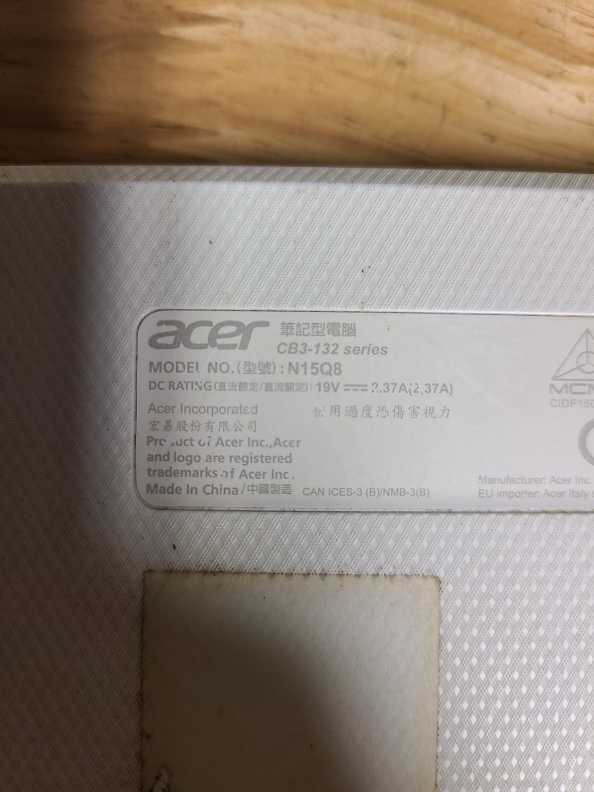 Acer Chromebook White CB3-132 Series Model N15Q8 No Charger