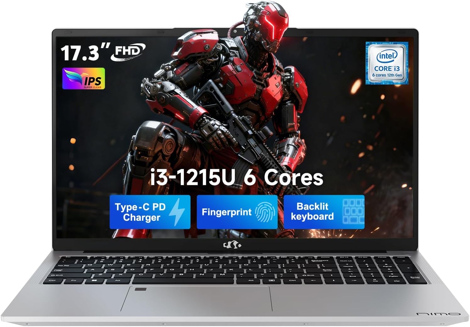 NIMO 17.3″ IPS FHD Laptop, Intel 6 Cores i3-1215U 8GB RAM 128GB SSD Up to 4.4GHz