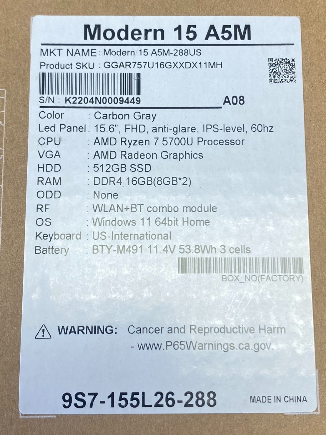 MSI Modern 15 AMD Ryzen 7 5700U (1.80GHz) 16GB RAM 512 GB SSD