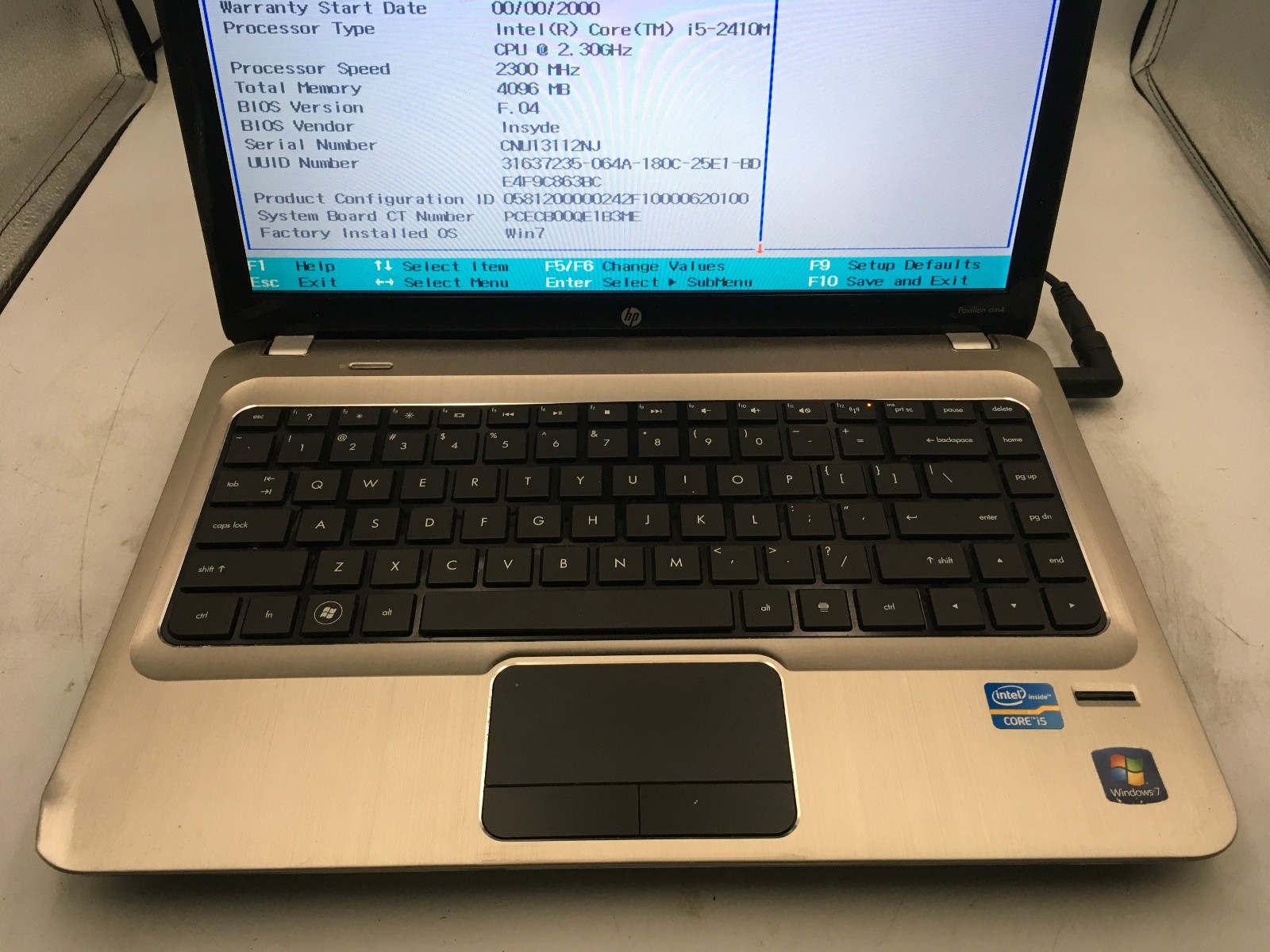 HP PAVILION DM4 2070US – BOOTS TO BIOS – INTEL I5 2410M – NO RAM – READ DESC-BB