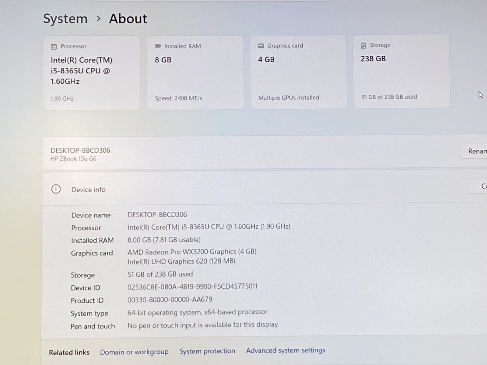 HP ZBook 15u G6 15.6″ i5-8365U 8GB RAM 256GB SSD Win 11 Pro WX3200 – CLP40A