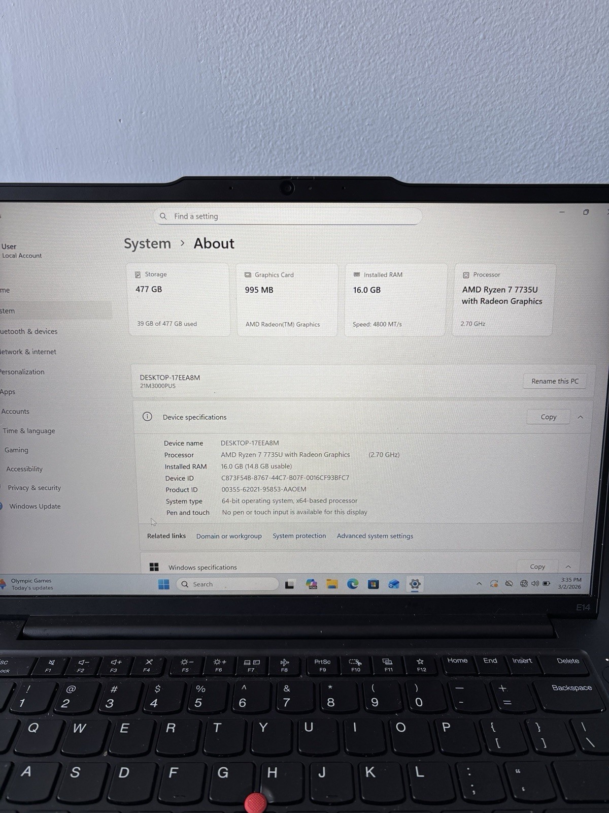 Lot Of 3 Lenovo ThinkPad E14 14″/ AMD Ryzen 7- 7735U/ 16 GB RAM /512 GB