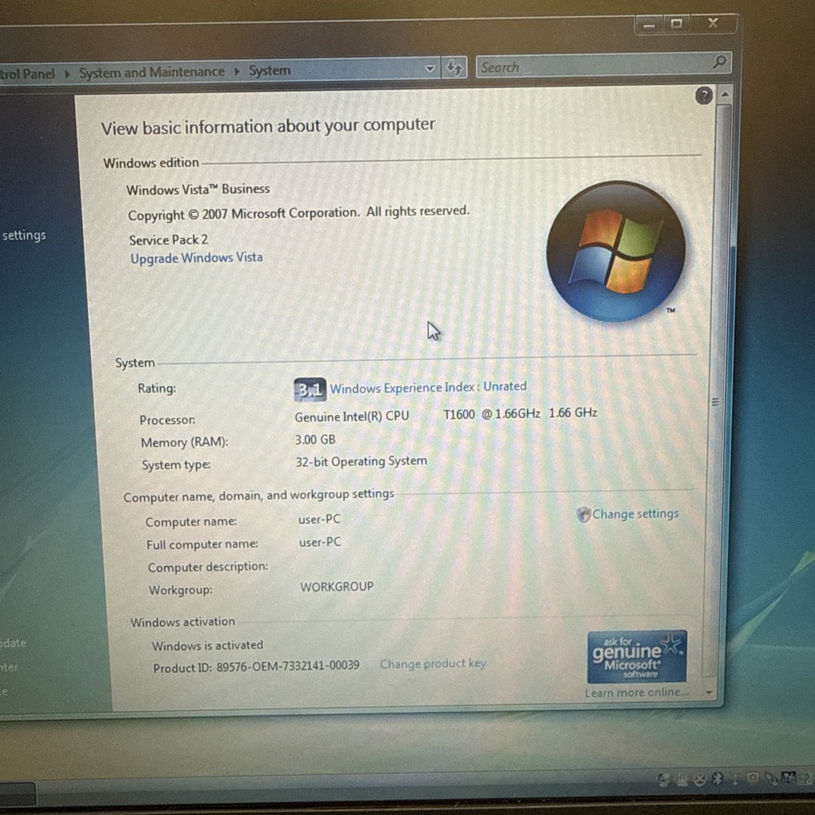 HP Compaq 6530b Intel Celeron CPU T1600 1.66GHZ 3GB RAM 150GB HDD Windows Vista